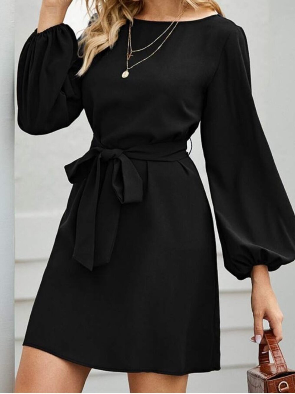 lantern long sleeve belted mini dress black